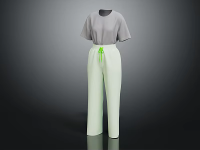Light Green Pants With Green Drawstring And Gray Short Sleeve Top Casual Outfit 3d model