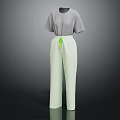 Light Green Pants With Green Drawstring And Gray Short Sleeve Top Casual Outfit