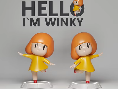 Winky Doll With Orange Hair Yellow Dress Red Shoes And White Base 3d model