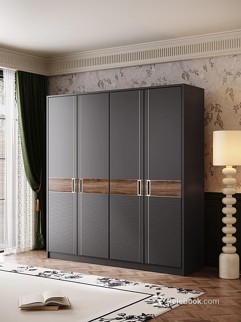Modern Minimalist Black Wardrobe With Wood Grain Accent And Multi door Design 3d model 