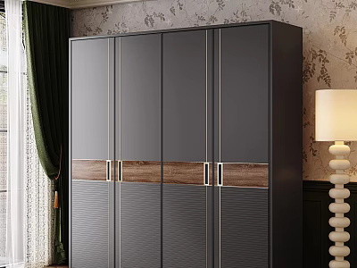 Modern Minimalist Black Wardrobe With Wood Grain Accent And Multi door Design 3d model