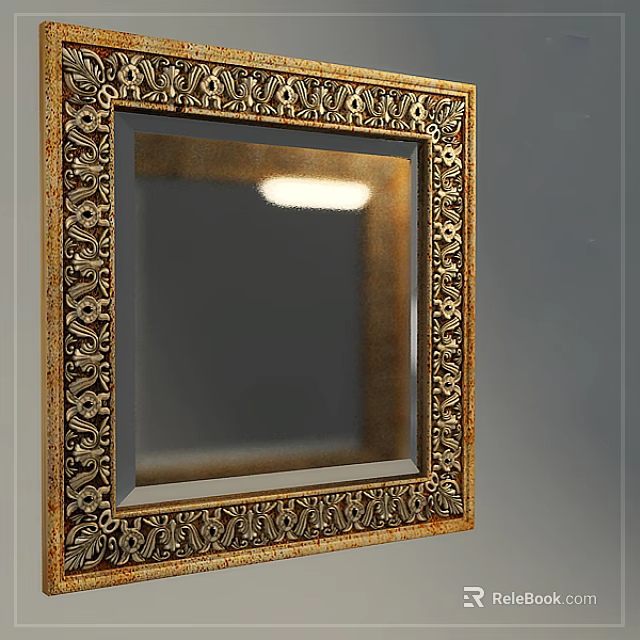 Ornate Golden Framed Decorative Square Wall Mirror With Intricate Patterns 3d model