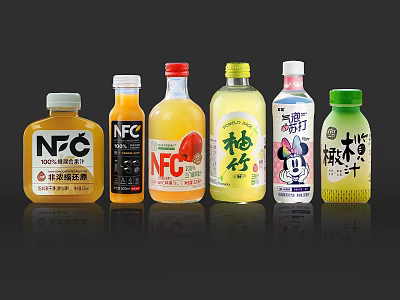 Various Bottled Beverages Featuring NFC Juice Yuzu Mickey Themed And Matcha Drinks 3d model