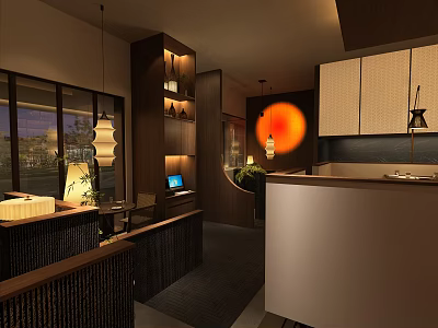 Japanese Style Restaurant Interior With Wooden Decor Warm Lighting And Bar Counter 3d model