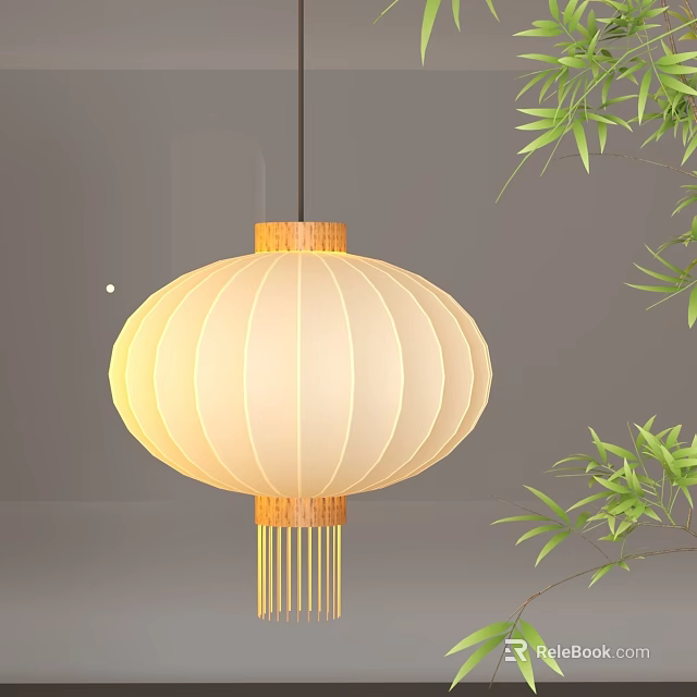 Hanging White Paper Lantern With Wooden Top Bottom And Green Bamboo Leaves On Gray Background 3d model 