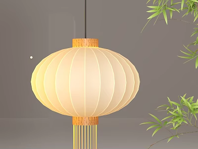 Hanging White Paper Lantern With Wooden Top Bottom And Green Bamboo Leaves On Gray Background 3d model