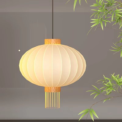 Hanging White Paper Lantern With Wooden Top Bottom And Green Bamboo Leaves On Gray Background 3d model