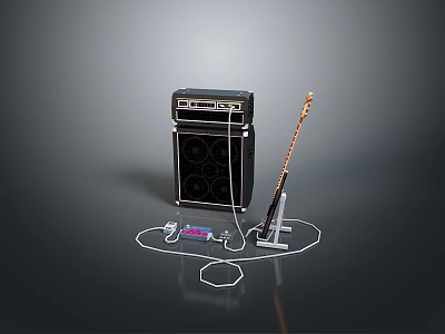 Professional Electric Guitar Amplifier With Effect Pedal And Connection Cables Setup 3d model