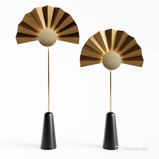 Modern Fan Shaped Floor Lamp with Golden Shade Circular Center and Black Cone Base 3d model 