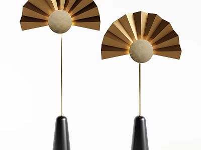 Modern Fan Shaped Floor Lamp with Golden Shade Circular Center and Black Cone Base 3d model