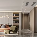 Modern Living and Dining Room Interior with Marble Wall Green Chairs TV and Fireplace