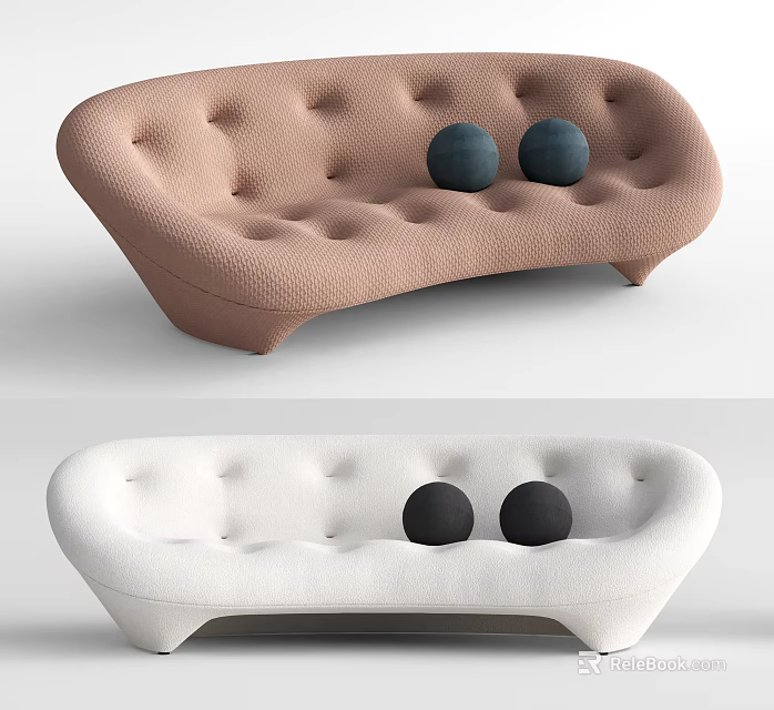 Brown And White Multi Seater Sofa With Tufted Design And Round Cushions 3d model 