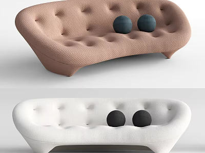 Brown And White Multi Seater Sofa With Tufted Design And Round Cushions 3d model