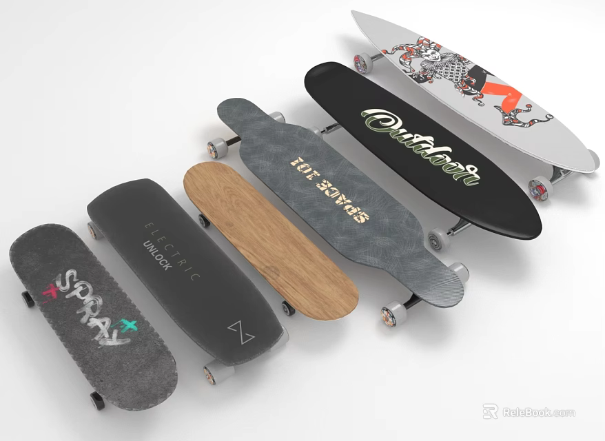 Sports Equipment Various Skateboards With Unique Designs Wooden Decks And Graphics 3d model 
