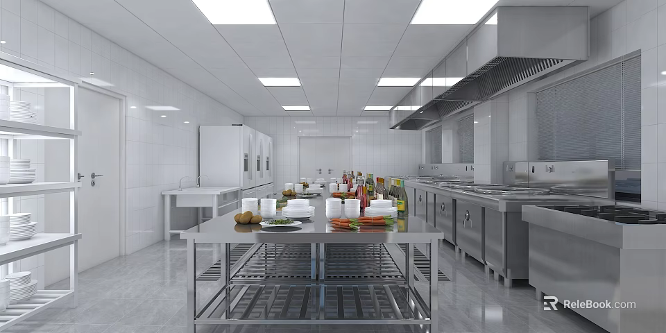 Modern Commercial Kitchen Interior With Stainless Steel Worktable Ingredients Spices Cabinets And Range Hood 3d model 
