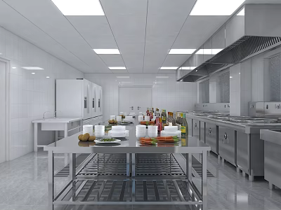 Modern Commercial Kitchen Interior With Stainless Steel Worktable Ingredients Spices Cabinets And Range Hood 3d model