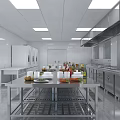 Modern Commercial Kitchen Interior With Stainless Steel Worktable Ingredients Spices Cabinets And Range Hood