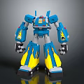 Blue And Yellow Robot Figure With Flame Patterns And Mechanical Body Design 3d model