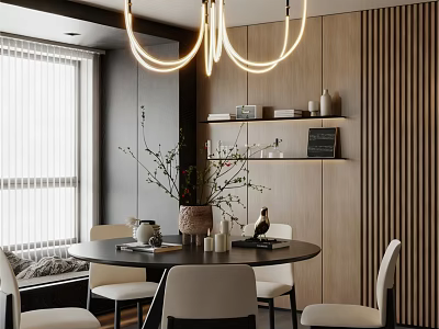 Modern Restaurant Interior With Round Dining Table White Chairs Hanging Ring Lights And Shelf Decor 3d model