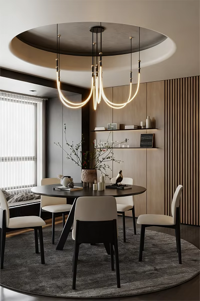 Modern Restaurant Interior With Round Dining Table White Chairs Hanging Ring Lights And Shelf Decor 3d model