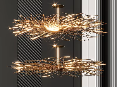 Modern Branch Like Wire Structure Chandeliers With Warm Light On Striped Wall Background 3d model