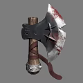 Medieval Battle Axe With Metal Head Star Decorations Bloodstains Wooden Handle Brown Straps Metal Base