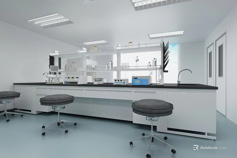 Modern Laboratory Interior With Lab Benches Rolling Stools And Scientific Equipment Setup 3d model 
