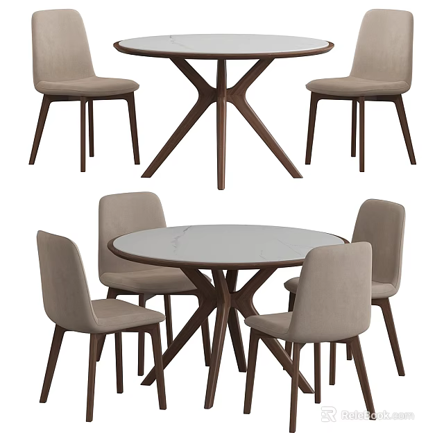 Round Dining Table Set With Marble Top And Four Light Gray Upholstered Chairs 3d model