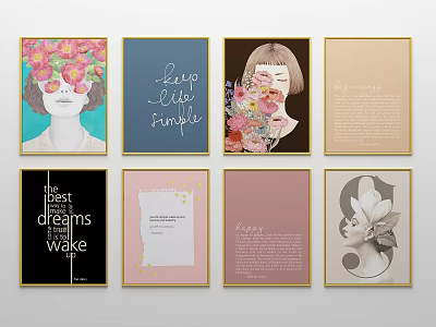 Stylish Wall Art Prints With Floral Designs Typography And Portrait Elements 3d model