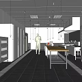 Modern Spacious Commercial Kitchen Interior With Central Wooden Worktable Stainless Steel Appliances And Ceiling Lighting