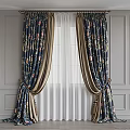 Dark Floral Patterned Curtains With White Sheer Panels Tied Back Ornate Trim And Design Samples