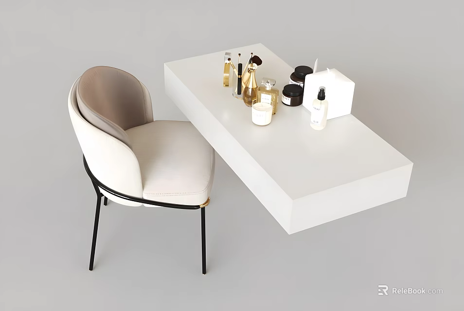 Elegant Modern Dressing Table With Accent Chair And Gold Cosmetic Bottles 3d model 