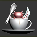 White Coffee Cup With Brown Swirl Liquid Pink Creature Silver Spoon Blue Object On Saucer