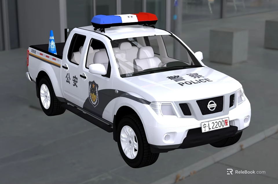 White Police Pickup Truck With Blue Red Emergency Lights And POLICE Badge 3d model 