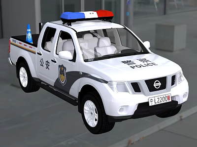 White Police Pickup Truck With Blue Red Emergency Lights And POLICE Badge 3d model