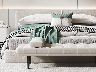 Modern Double Bed with Beige Headboard Green Blanket White Pillows Beige Bench and White Nightstand 3d model