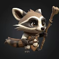 Cute Cartoon Raccoon 3D Model With Wooden Staff And Vest