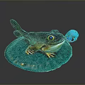 Frog Like Aquatic Animal With Fish Tail Sitting On Blue Lily Pad Holding Blue Bubble