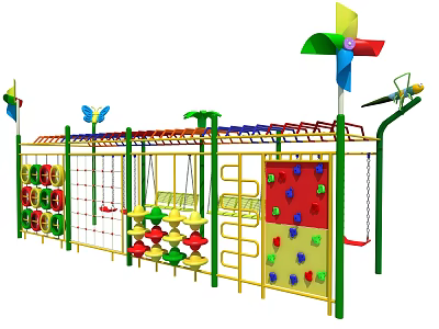 Outdoor Playground Equipment with Colorful Climbing Net Swings Pinwheels and Butterfly Decorations 3d model