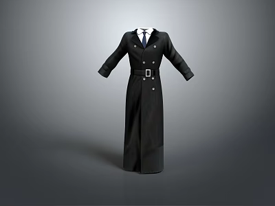 Elegant Black Long Belted Double Breasted Coat On Mannequin Gray Background 3d model
