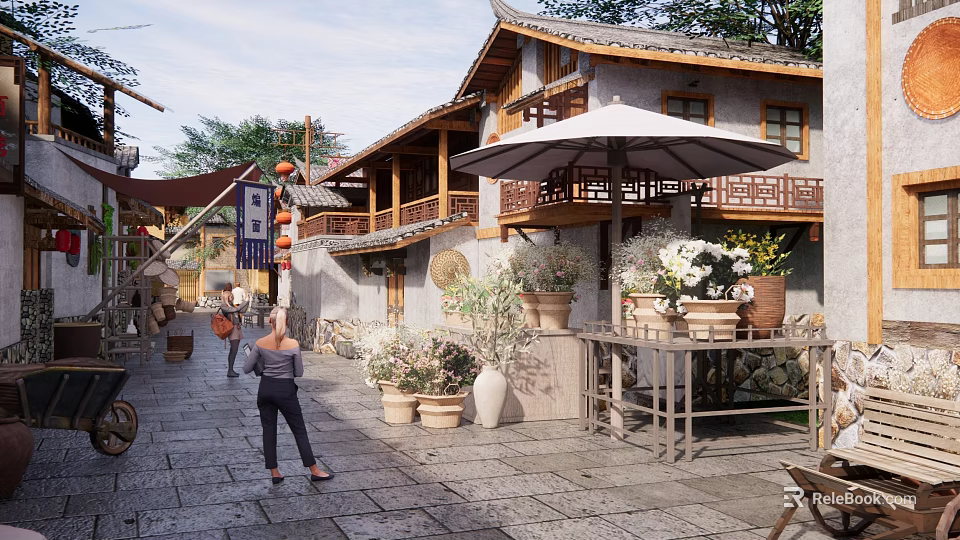 Traditional Park Landscape With Stone Pathway Architecture Flower Pots Lanterns Umbrella And Walking People 3d model 