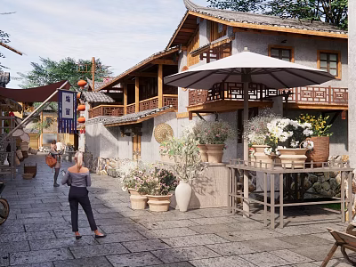 Traditional Park Landscape With Stone Pathway Architecture Flower Pots Lanterns Umbrella And Walking People 3d model