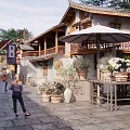 Traditional Park Landscape With Stone Pathway Architecture Flower Pots Lanterns Umbrella And Walking People
