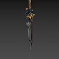Ornate Mythical Sword With Twisted Colorful Hilt Golden Accents And Red Gemstone Engraved Blade