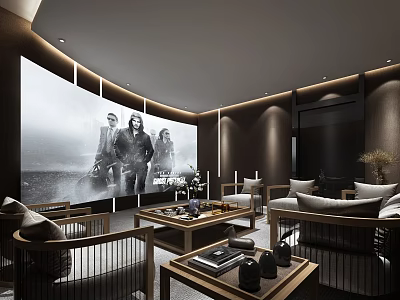 Modern Home Theater Room Interior With Large Screen Projector Comfortable Sofas And Coffee Tables 3d model