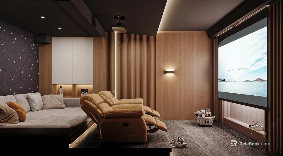 Modern Home Theater Room With Comfortable Recliners Projection Screen And Wooden Walls 3d model 
