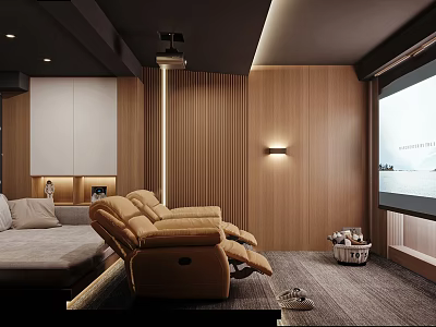 Modern Home Theater Room With Comfortable Recliners Projection Screen And Wooden Walls 3d model