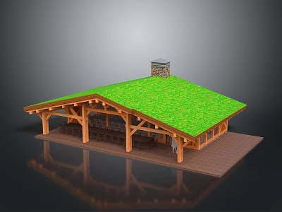 Wooden Pavilion Building With Green Sloped Turf Roof And Chimney On Platform 3d model