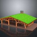Wooden Pavilion Building With Green Sloped Turf Roof And Chimney On Platform