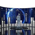 Future Themed Photo Check In Spot With Curved Screens Blue Earth And Silver Sculpture